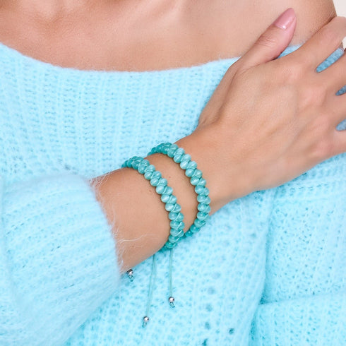 Sarcelle | Argent | Bracelet double macramé en verre Cheshire